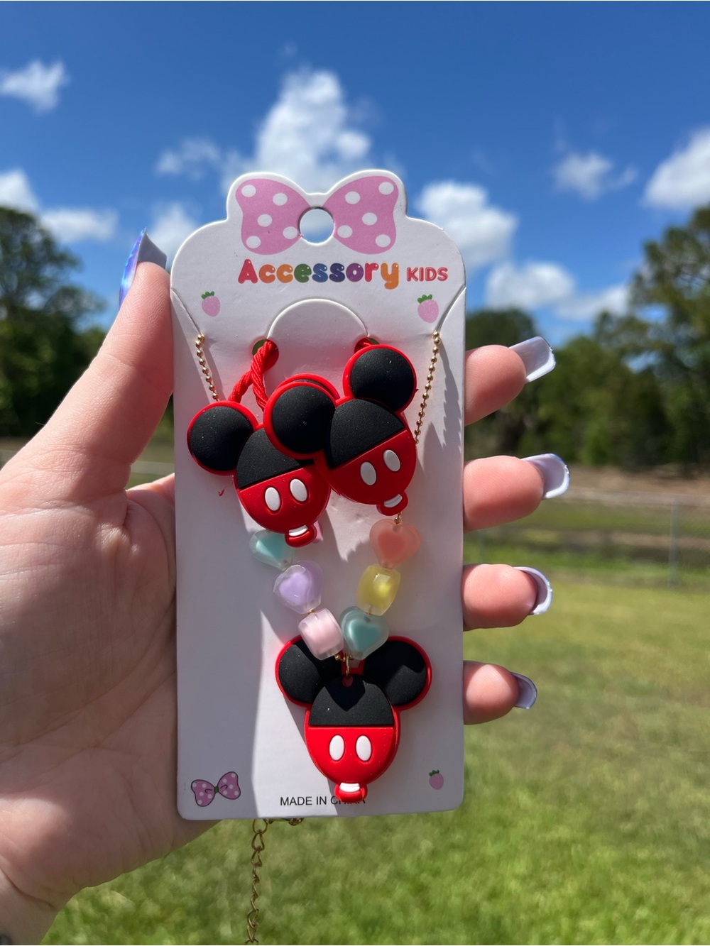 Kids Red Mickey-Style Bag Charms & Mickey Mouse Heart Bead Necklace Set